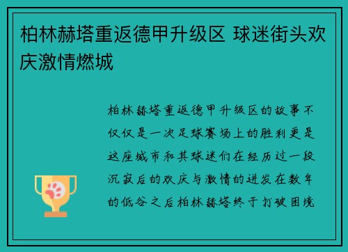 柏林赫塔重返德甲升级区 球迷街头欢庆激情燃城