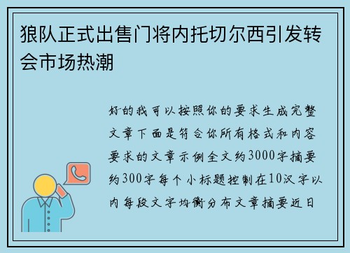 狼队正式出售门将内托切尔西引发转会市场热潮
